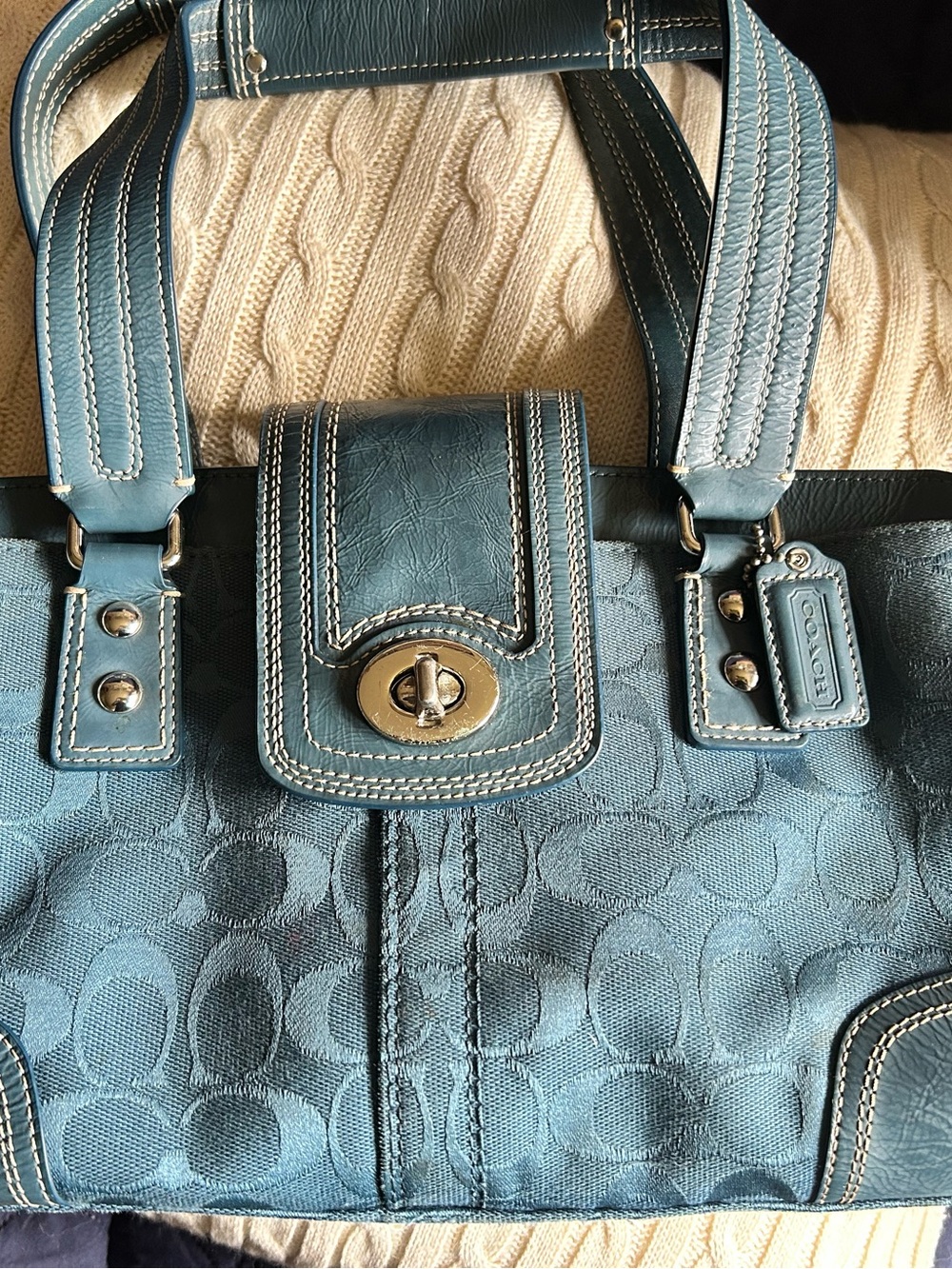 Coach Hamptons F13975 Teal Signature Jacquard Leather-Trim Satchel Excellent